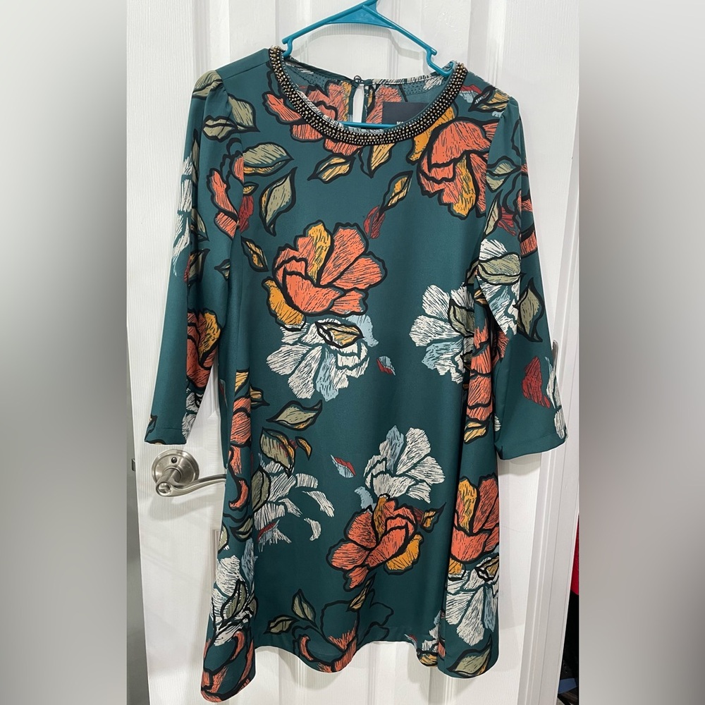 Anthropologie Maeve Green floral dress with beaded neckline small shift